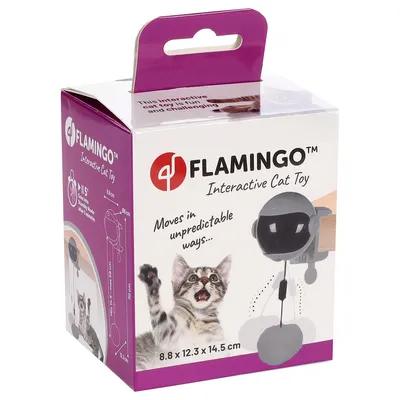 FLAMINGO Interactive Cat Toy. Masse: 8,8 x 12,3 x 14,5 cm. Spielzeug bewegt sich auf unvorhersehbare Weise. Geeignet für Montage an Möbeln.