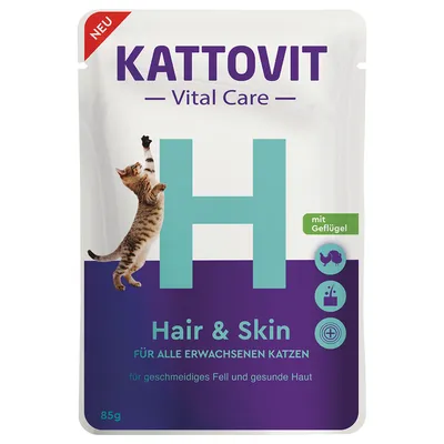 Kattovit Vital Care Hair & Skin mit Geflügel, 85g. Für alle erwachsenen Katzen, für geschmeidiges Fell und gesunde Haut.