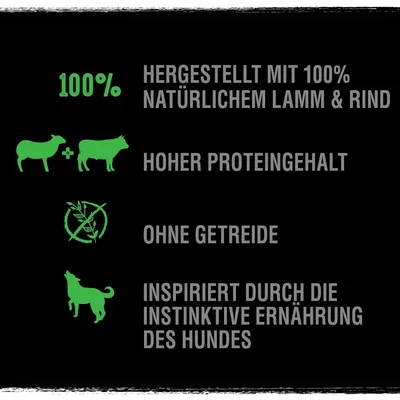 Hergestellt mit 100% natürlichem Lamm und Rind, hoher Proteingehalt, ohne Getreide, inspiriert durch die instinktive Ernährung des Hundes.