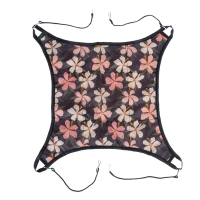 Hängematte mit Blumenmuster, schwarzer Rand und vier Befestigungsschlaufen mit Haken.