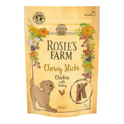 Rosie's Farm Chewy Sticks, Chicken with Turkey, Adult, 70g. Grain-free Rezept, wiederverschliessbar.
