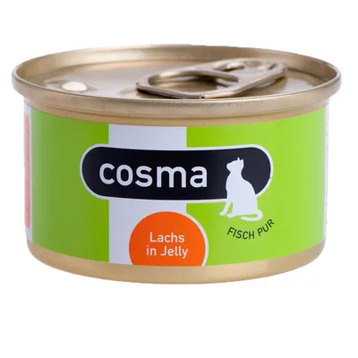 Boîte de nourriture pour chat cosma, texte visible : Lachs in Jelly, FISCH PUR. Étiquette verte avec silhouette de chat blanc.