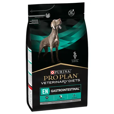 Sac de croquettes Purina Pro Plan Veterinary Diets EN Gastrointestinal pour chien, texte visible : low fat, medium chain FA, low residue, chiot et chien adulte.