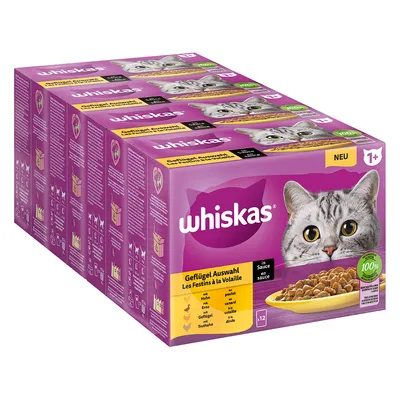 Whiskas výber hydiny v omáčke, 12 porcií pre mačky od 1 roka. Druhy: kuracie, kačacie, morčacie. 100% vyvážená výživa. Nové.