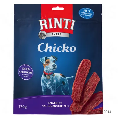 RINTI Extra Chicko, 100% Schinken, knackige Schinkenstreifen, 170g. Texte en allemand : NEU verbesserter Geschmack, im Fleischanteil.