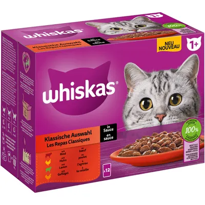Whiskas Klassische Auswahl в соусе, 12 паучей с говядиной, курицей, ягненком и птицей. Подходит для кошек от 1 года. 100% качественные ингредиенты.