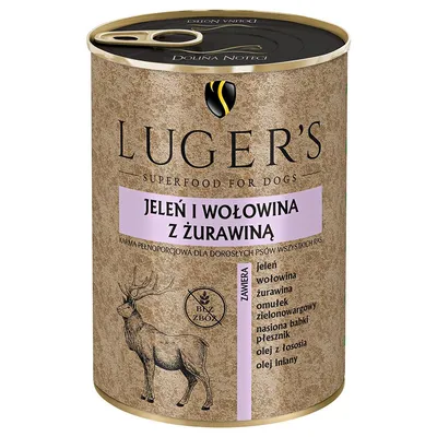 Luger's Superfood for Dogs, pełnoporcjowa karma dla dorosłych psów. Składniki: jeleń, wołowina, żurawina, groszek, łuski babki jajowatej, olej z łososia, olej lniany.