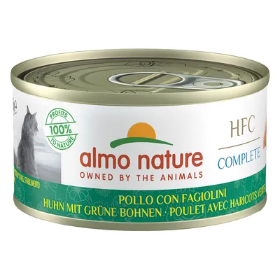 Almo Nature HFC Complete, kurczak z zieloną fasolką. Puszka z motywem kota.