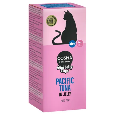 Cosma Mini Jelly Cups Pacific Tuna σε ζελέ, 6x25g, χωρίς δημητριακά, καθαρό ψάρι. Συσκευασία με μαύρο περίγραμμα γάτας σε ροζ φόντο.