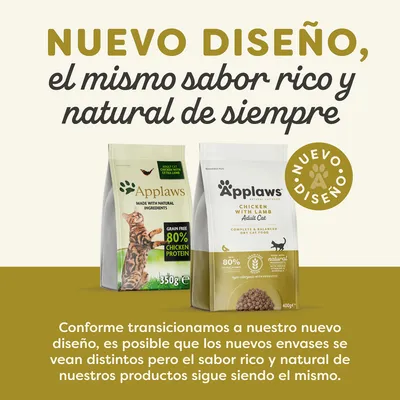 Applaws comida para gatos adultos, nuevo diseño de envase. 80 % proteína de pollo, sin cereales. Texto: 'Nuevo diseño, el mismo sabor rico y natural de siempre'.