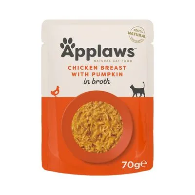 Saqueta Applaws Natural Cat Food, Chicken Breast with Pumpkin in Broth, 100% natural, 70 g. Texto em inglês visível na embalagem.