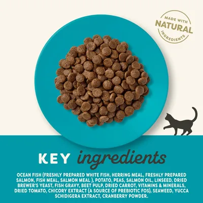 Key ingredients: ocean fish, herring meal, salmon, potato, peas, salmon oil, linseed, brewer’s yeast, fish gravy, beet pulp, carrot, tomato, chicory extract, seaweed, cranberry powder.