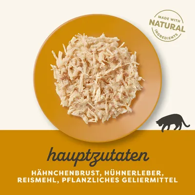 Hauptzutaten: Hähnchenbrust, Hühnerleber, Reismehl, pflanzliches Geliermittel. Made with natural ingredients.