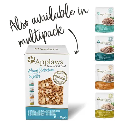 Applaws Natural Cat Food Mixed Selection in Jelly, 12 x 70 g. Pakkauksessa: tonnikala, tonnikala-makrelli, kananrinta-nauta, kananrinta-lammas. Teksti: Also available in multipack.