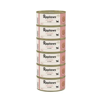 Stack of 6 Applaws Tuna Fillet Cat Food in Broth tins, 156g each. Visible text: 'Applaws', 'Tuna Fillet Cat Food', 'in broth', '156g e', cat silhouette.