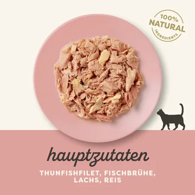 Hauptzutaten: Thunfischfilet, Fischbrühe, Lachs, Reis. 100% natürliche Zutaten. Silhouette einer Katze sichtbar.