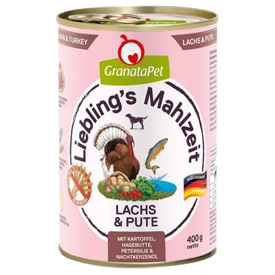 GranataPet Lieblings's Mahlzeit salmon & turkey with potato, rosehip, parsley and evening primrose oil, 400g net, Made in Germany, grain-free.