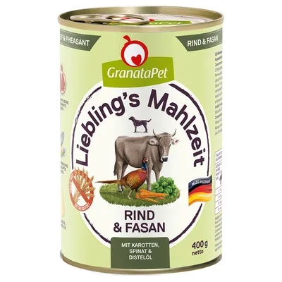 GranataPet Liebling's Mahlzeit beef & pheasant with carrots, spinach and safflower oil. Made in Germany, 400g net, grain-free.