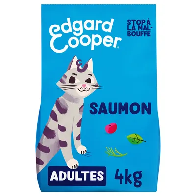 Edgard Cooper kattenvoer, SAUMON, ADULTES, 4 kg. Tekst: STOP À LA MALBOUFFE. Illustratie van kat en ingrediënten zichtbaar op verpakking.