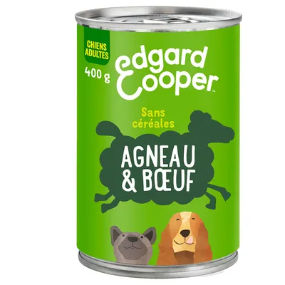Edgard Cooper nourriture humide pour chiens adultes, 400g, sans céréales, avec agneau et bœuf. Design vert avec illustrations de chiens.