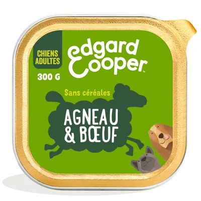 Edgard & Cooper, chiens adultes, 300 g, sans céréales, agneau & bœuf. Texte et illustrations visibles sur l’emballage du produit.