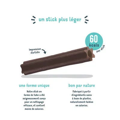 Stick marron à forme unique, 60 kcal par stick. Fabriqué à partir d’ingrédients végétaux, pauvre en calories et conçu pour un nettoyage efficace.