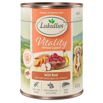 Lukullus Vitality Immune Support Adult, dziczyzna z batatem, jabłkiem i olejem lnianym. Bezzbożowa receptura, z żurawiną i porzeczkami, jedno źródło białka, 400g.