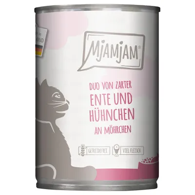 Mjamjam Duo von zarter Ente und Hühnchen an Möhrchen. Getreidefrei, viel Fleisch. Hergestellt in Deutschland.