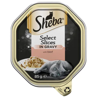 Sheba Select Slices in Gravy with beef, 85g. Image shows food pieces in gravy and a grey cat beside the plate.