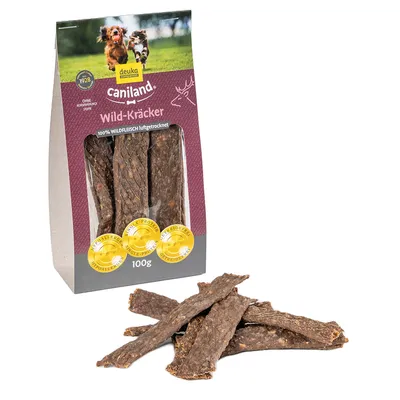 Caniland Wild-Kräcker, 100% mięso z dziczyzny suszone powietrzem, bez konserwantów, hipoalergiczne, pojedyncze źródło białka, bez zbóż, opakowanie 100g.