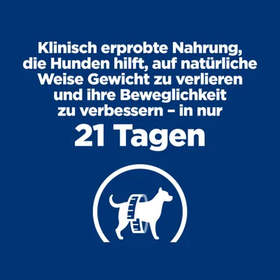 Klinisch erprobte Nahrung, die Hunden hilft, Gewicht zu verlieren und Beweglichkeit in nur 21 Tagen zu verbessern.