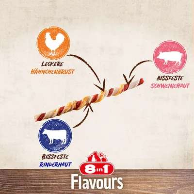 8in1 Flavours лакомство для собак с куриной грудкой, свиной кожей и говяжьей кожей. Ингредиенты выделены цветными кругами с животными.