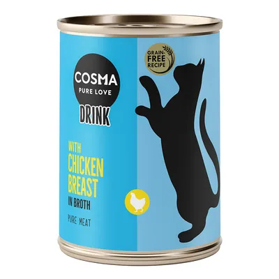 Boîte Cosma Pure Love Drink, recette sans céréales, texte visible : with chicken breast in broth, pure meat, silhouette de chat et pictogramme poulet sur l’étiquette.