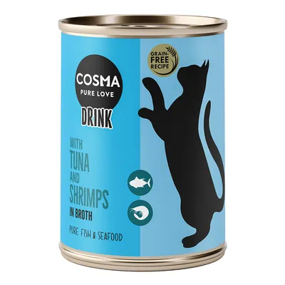 Boîte Cosma Pure Love Drink, recette sans céréales, avec texte anglais : with tuna and shrimps in broth, pure fish & seafood. Silhouette de chat noir sur fond bleu.