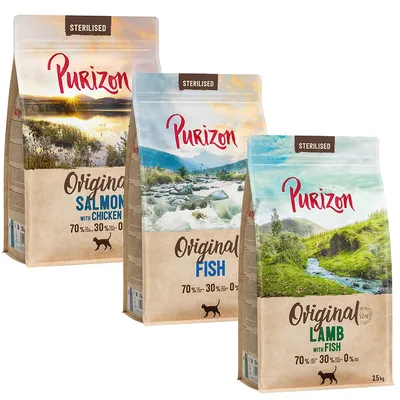 Purizon Sterilised Katzenfutter, Sorten: Original Salmon with Chicken, Original Fish, Original Lamb with Fish. 70% Fleisch & Fisch, 30% Gemüse, 0% Getreide. Packungsgrösse: 2,5 kg.