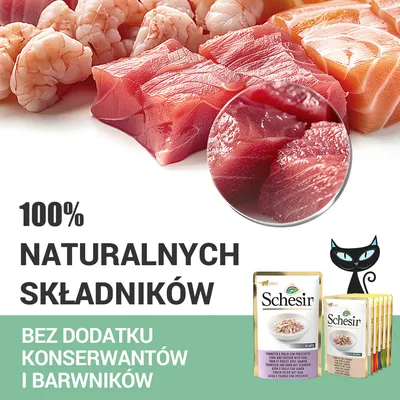 100% naturalnych składników. Bez dodatku konserwantów i barwników. Schesir – saszetki z karmą dla kotów, zdjęcie kawałków ryb i krewetek.
