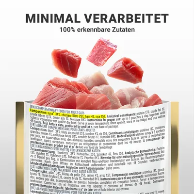 Minimal verarbeitet, 100% erkennbare Zutaten. Zusammensetzung: Thunfisch 34%, Hühnerfilets 25%, Schinken 4%, Reis 15%. Ergänzungsfuttermittel für erwachsene Katzen.