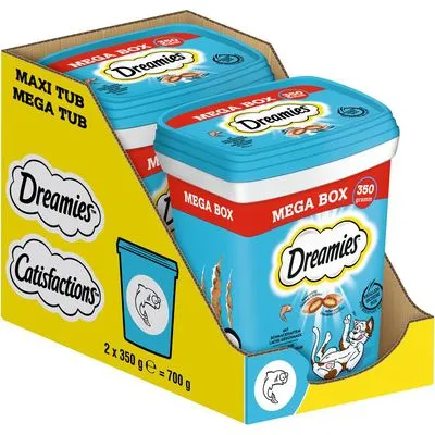 Dreamies Mega Box kattensnacks, verpakking met 2 stuks à 350 g (totaal 700 g). Zichtbare merken: Dreamies, Catisfactions. Illustratie van kat en vis op de verpakking.