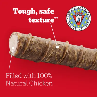 Tekst w języku angielskim: Tough, safe texture. Filled with 100% Natural Chicken. Logo European Veterinary Dental Society (EVDS).