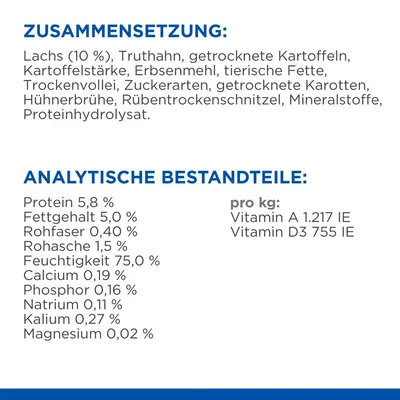 Zusammensetzung: Lachs, Truthahn, Kartoffeln, Erbsenmehl, tierische Fette. Analytische Bestandteile: Protein 5,8 %, Fettgehalt 5 %, Feuchtigkeit 75 %, Vitamin A 1.217 IE, Vitamin D3 755 IE.