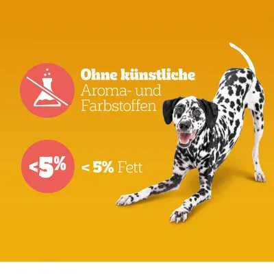 Brez umetnih arom in barvil, manj kot 5 % maščobe. Dalmatinec na oranžni podlagi.