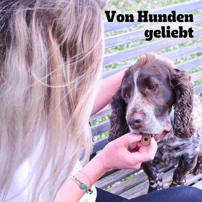 Ženska hrani psa s priboljškom. Besedilo na sliki: 'Von Hunden geliebt'.