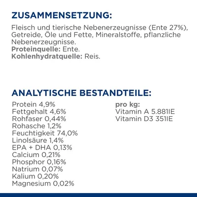 Zusammensetzung: Fleisch und tierische Nebenerzeugnisse (Ente 27%), Getreide, Reis. Analytische Bestandteile: Protein 4,9%, Fettgehalt 4,6%, Feuchtigkeit 74%, Vitamin A 5.881IE, D3 351IE.