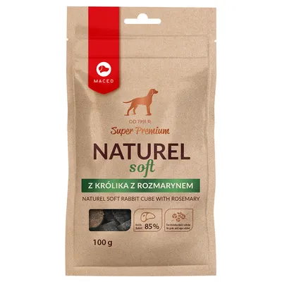 Sachet Maced Super Premium Naturel soft, 100 g, Z KRÓLIKA Z ROZMARYNEM, Naturel soft rabbit cube with rosemary, 85 % lapin, sans céréales ni sucre ajouté. Texte partiellement en polonais/anglais.