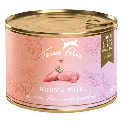 Terra Felis csirke és pulyka 100% élelmiszer-minőségben, 200g konzerv. Minden alapanyag 100% élelmiszer-minőségű.