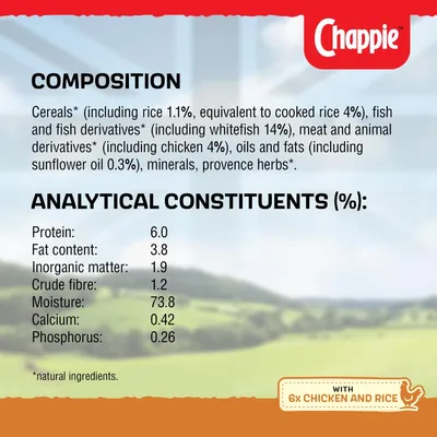 Composition: cereals, rice 1.1%, cooked rice 4%, fish and derivatives including whitefish 14%, chicken 4%, oils, minerals, herbs. Analytical values: protein 6%, fat 3.8%, moisture 73.8%.