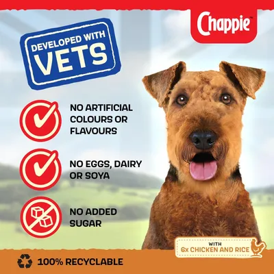 Developed with vets. No artificial colours or flavours, no eggs, dairy or soya, no added sugar. 100% recyclable. With 6x chicken and rice.