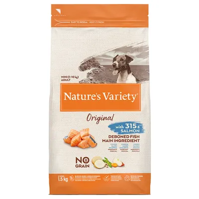 Корм для собак Nature’s Variety Original, 1,5 кг, основной ингредиент – рыба без костей, с 315 г лосося, без зерна. Для взрослых собак мини (1–10 кг).