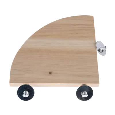 Wooden platform with metal wheels and screws, suitable for assembly or accessory adaptation.
