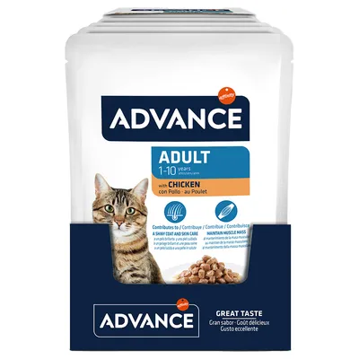 Корм для кошек Advance Adult 1–10 years с курицей. На упаковке изображена кошка, гранулы корма и текст: Contributes to a shiny coat and skin care, maintain muscle mass.